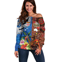 Fiji and Australia Together Off Shoulder Sweater Fijian Tapa Plants with Kangaroo and Aboriginal - Polynesian Pride