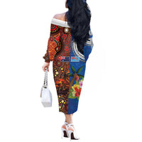 Fiji and Australia Together Off The Shoulder Long Sleeve Dress Fijian Tapa Plants with Kangaroo and Aboriginal - Polynesian Pride