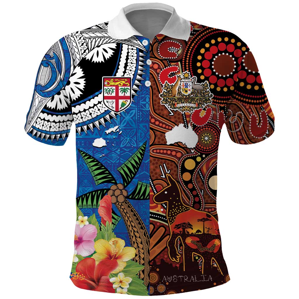 Fiji and Australia Together Polo Shirt Fijian Tapa Plants with Kangaroo and Aboriginal - Polynesian Pride