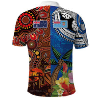 Fiji and Australia Together Polo Shirt Fijian Tapa Plants with Kangaroo and Aboriginal - Polynesian Pride