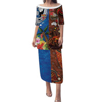 Fiji and Australia Together Puletasi Fijian Tapa Plants with Kangaroo and Aboriginal - Polynesian Pride