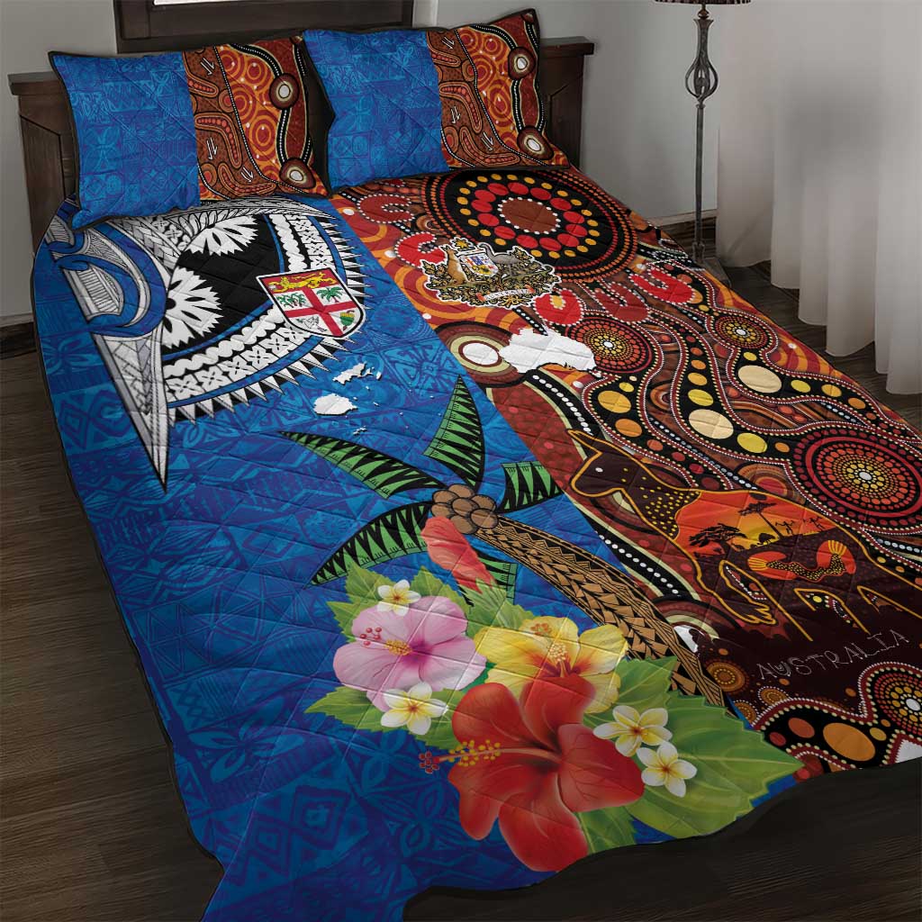 Fiji and Australia Together Quilt Bed Set Fijian Tapa Plants with Kangaroo and Aboriginal - Polynesian Pride