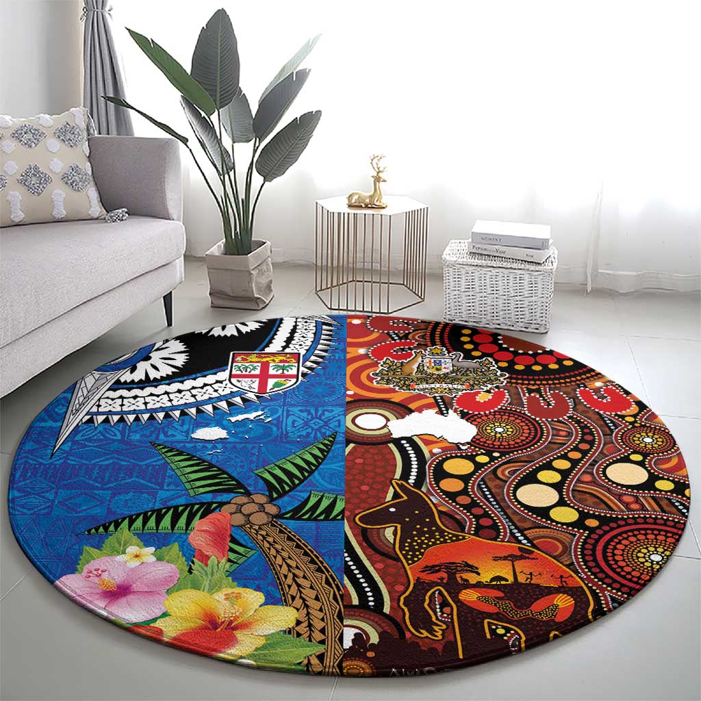 Fiji and Australia Together Round Carpet Fijian Tapa Plants with Kangaroo and Aboriginal - Polynesian Pride