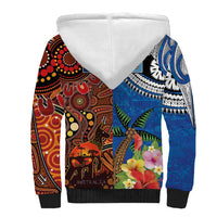 Fiji and Australia Together Sherpa Hoodie Fijian Tapa Plants with Kangaroo and Aboriginal - Polynesian Pride