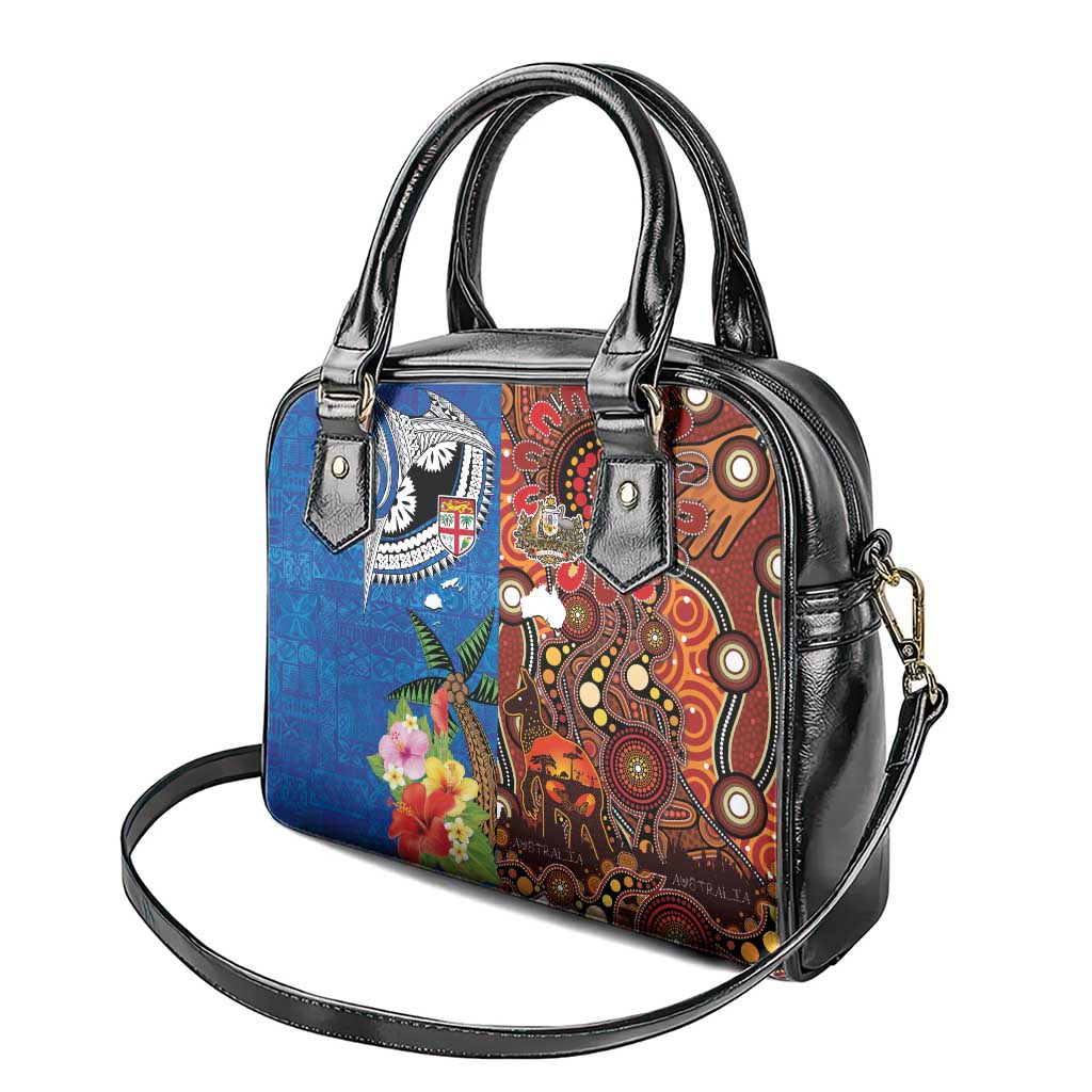 Fiji and Australia Together Shoulder Handbag Fijian Tapa Plants with Kangaroo and Aboriginal - Polynesian Pride