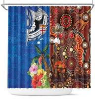 Fiji and Australia Together Shower Curtain Fijian Tapa Plants with Kangaroo and Aboriginal - Polynesian Pride