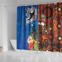 Fiji and Australia Together Shower Curtain Fijian Tapa Plants with Kangaroo and Aboriginal - Polynesian Pride