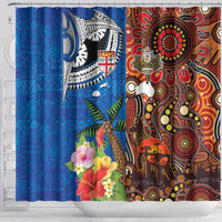 Fiji and Australia Together Shower Curtain Fijian Tapa Plants with Kangaroo and Aboriginal - Polynesian Pride