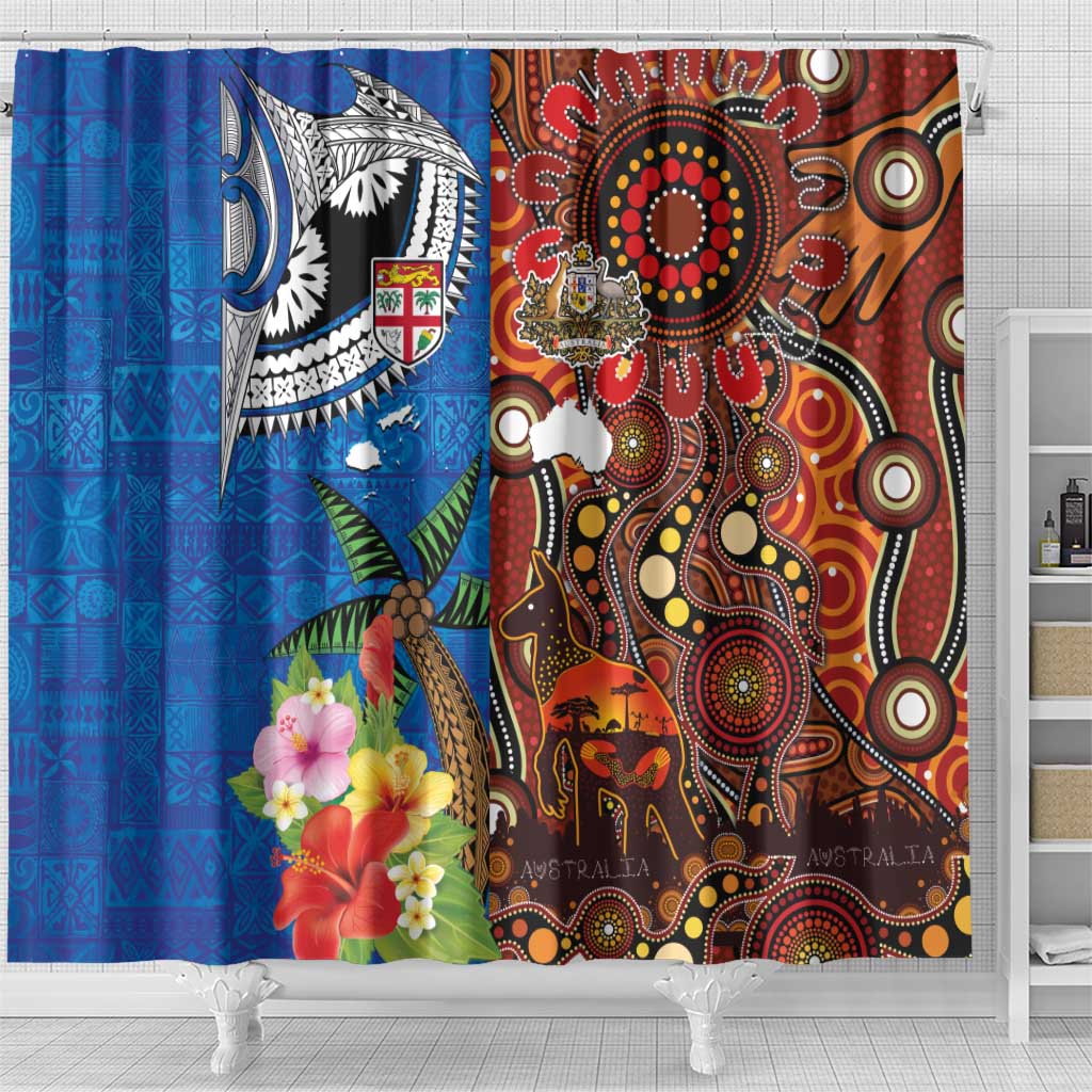 Fiji and Australia Together Shower Curtain Fijian Tapa Plants with Kangaroo and Aboriginal - Polynesian Pride