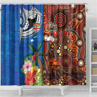 Fiji and Australia Together Shower Curtain Fijian Tapa Plants with Kangaroo and Aboriginal - Polynesian Pride