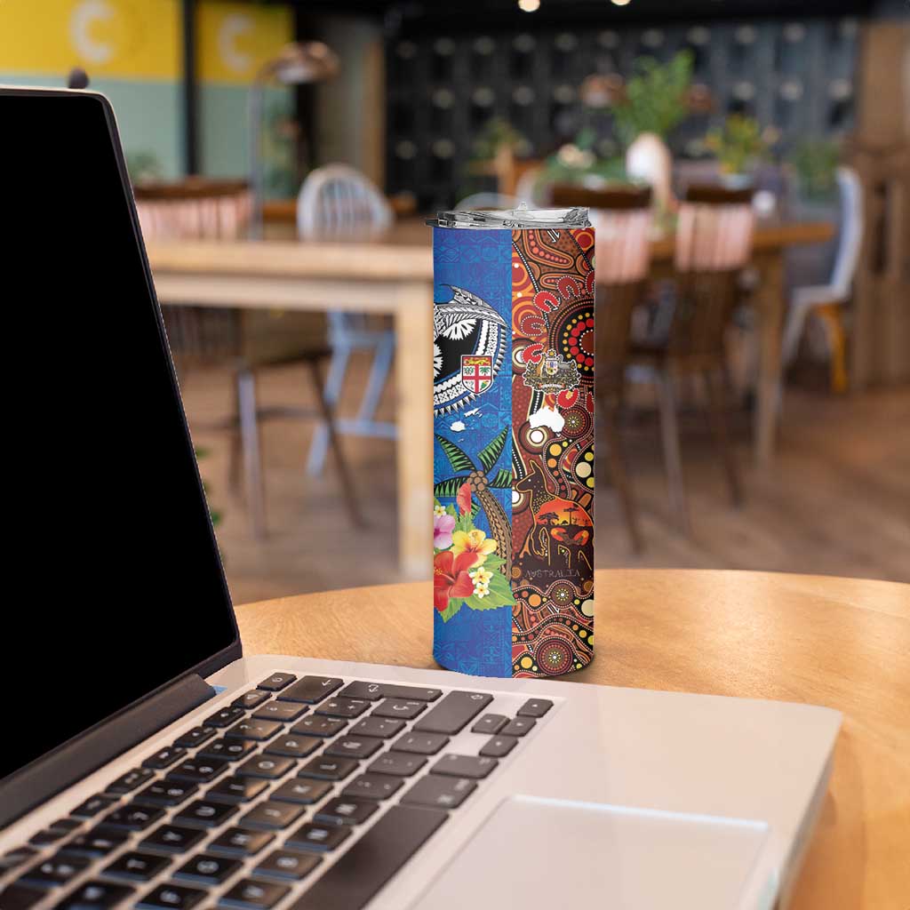 Fiji and Australia Together Skinny Tumbler Fijian Tapa Plants with Kangaroo and Aboriginal - Polynesian Pride
