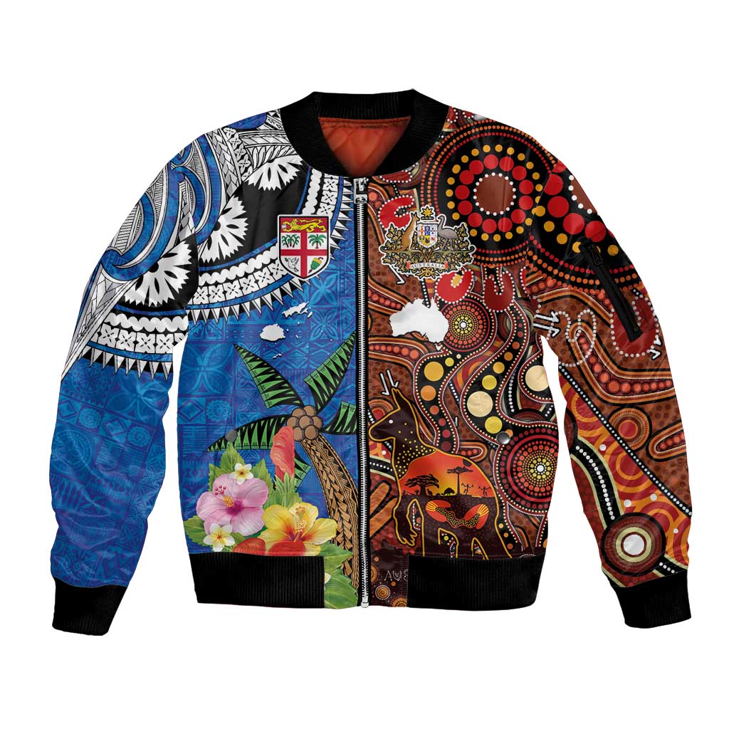 Fiji and Australia Together Sleeve Zip Bomber Jacket Fijian Tapa Plants with Kangaroo and Aboriginal - Polynesian Pride