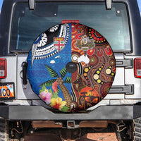 Fiji and Australia Together Spare Tire Cover Fijian Tapa Plants with Kangaroo and Aboriginal LT03 Black - Polynesian Pride