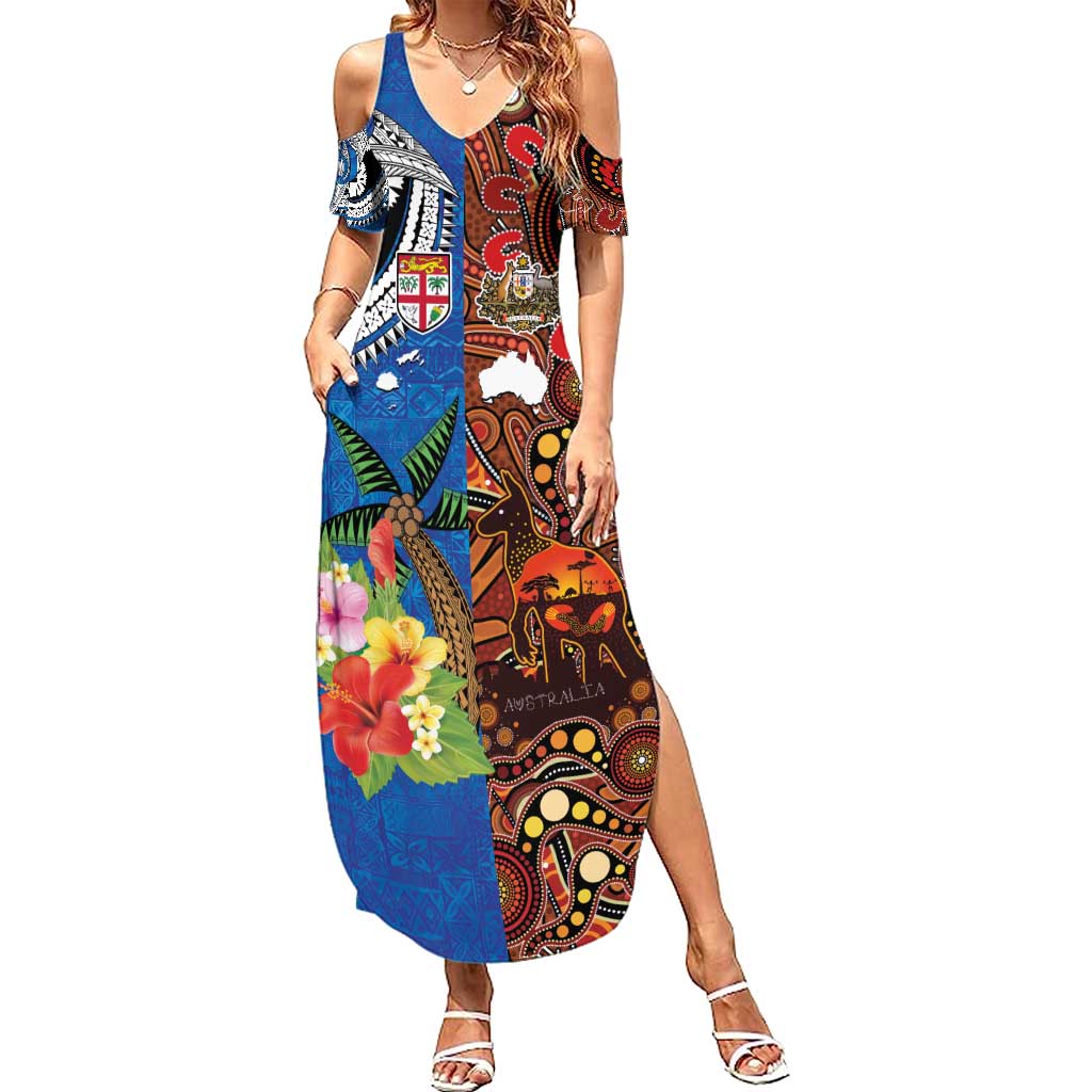 Fiji and Australia Together Summer Maxi Dress Fijian Tapa Plants with Kangaroo and Aboriginal - Polynesian Pride