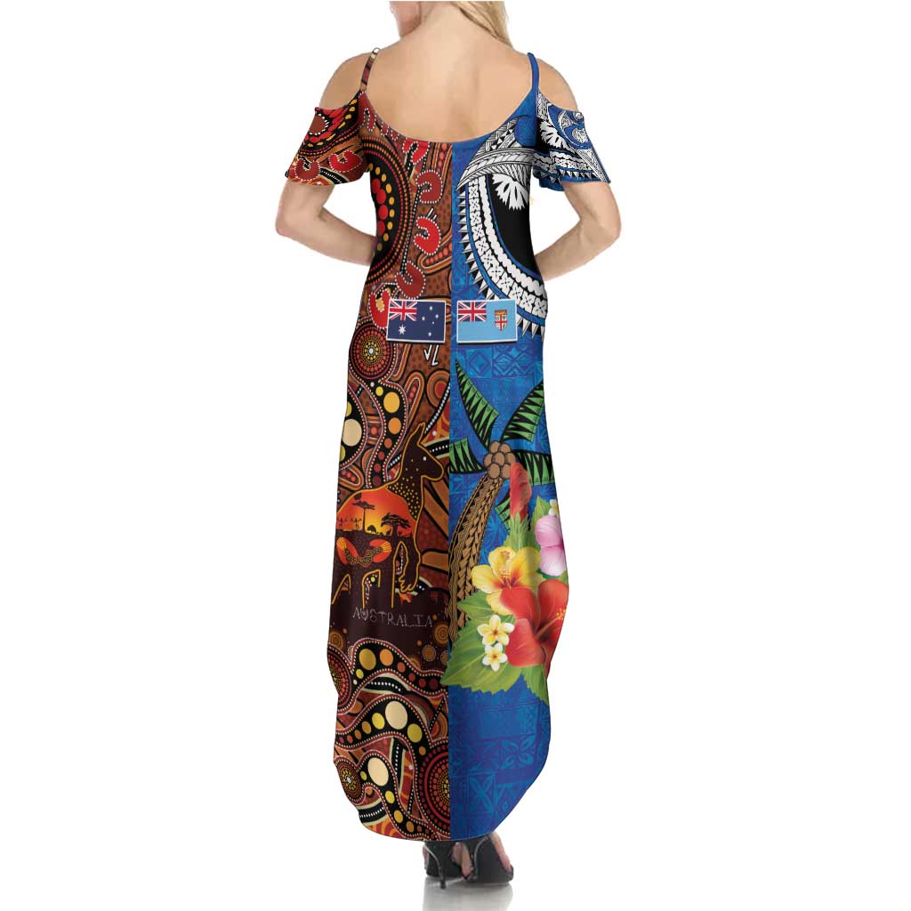Fiji and Australia Together Summer Maxi Dress Fijian Tapa Plants with Kangaroo and Aboriginal - Polynesian Pride