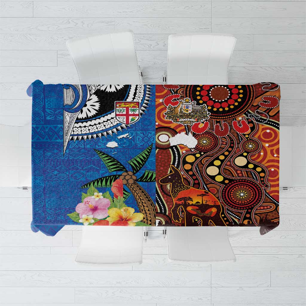 Fiji and Australia Together Tablecloth Fijian Tapa Plants with Kangaroo and Aboriginal - Polynesian Pride