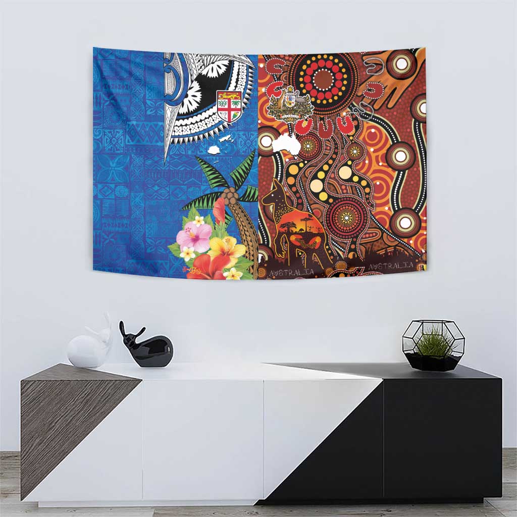 Fiji and Australia Together Tapestry Fijian Tapa Plants with Kangaroo and Aboriginal - Polynesian Pride