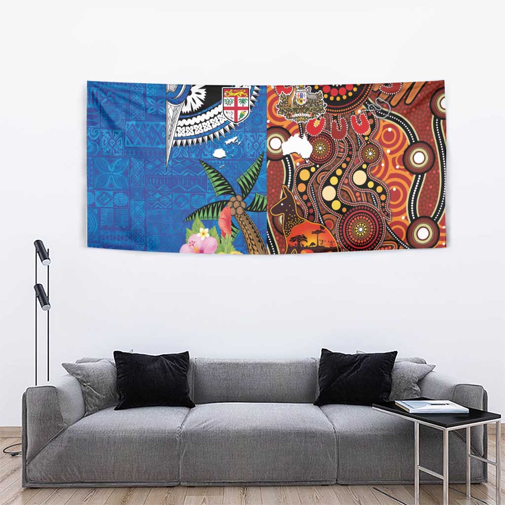 Fiji and Australia Together Tapestry Fijian Tapa Plants with Kangaroo and Aboriginal - Polynesian Pride