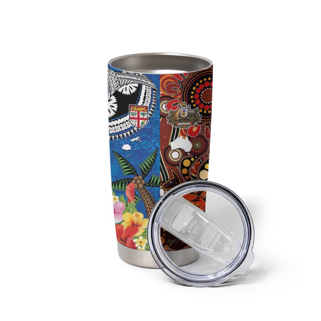 Fiji and Australia Together Tumbler Cup Fijian Tapa Plants with Kangaroo and Aboriginal - Polynesian Pride