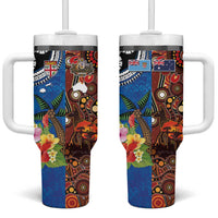 Fiji and Australia Together Tumbler With Handle Fijian Tapa Plants with Kangaroo and Aboriginal LT03 One Size: 40 oz Black - Polynesian Pride