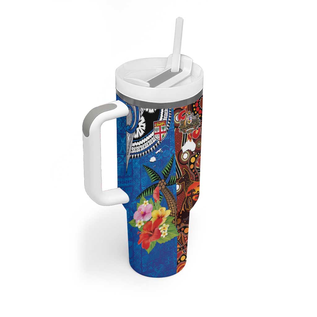 Fiji and Australia Together Tumbler With Handle Fijian Tapa Plants with Kangaroo and Aboriginal LT03 - Polynesian Pride