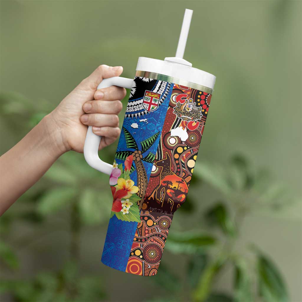 Fiji and Australia Together Tumbler With Handle Fijian Tapa Plants with Kangaroo and Aboriginal LT03 - Polynesian Pride