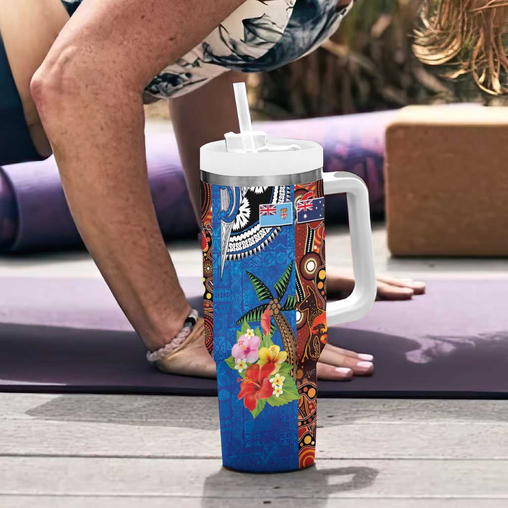 Fiji and Australia Together Tumbler With Handle Fijian Tapa Plants with Kangaroo and Aboriginal LT03 - Polynesian Pride