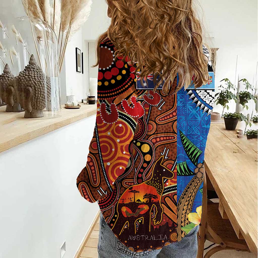 Fiji and Australia Together Women Casual Shirt Fijian Tapa Plants with Kangaroo and Aboriginal - Polynesian Pride