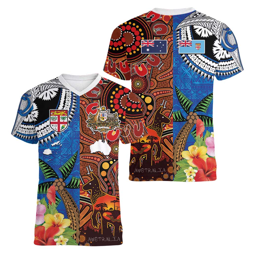 Fiji and Australia Together Women V-Neck T-Shirt Fijian Tapa Plants with Kangaroo and Aboriginal - Polynesian Pride
