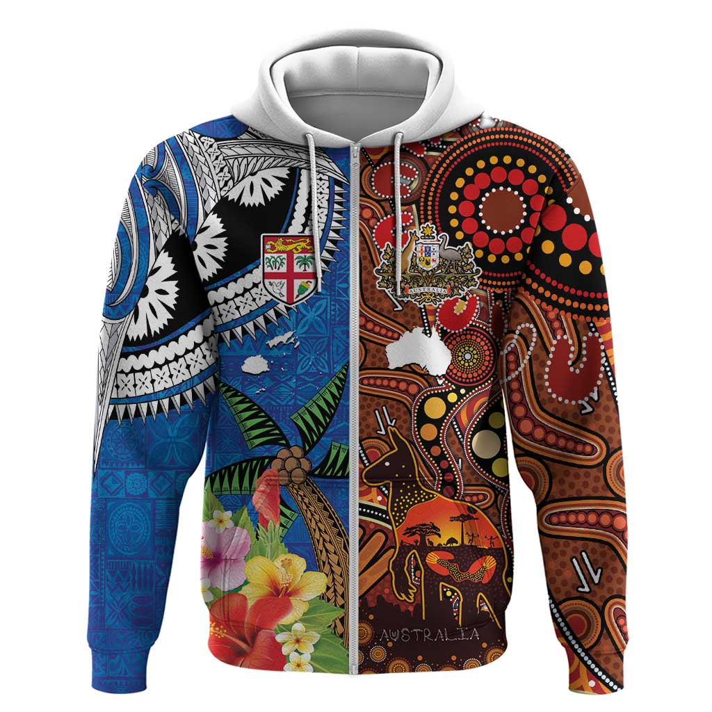 Fiji and Australia Together Zip Hoodie Fijian Tapa Plants with Kangaroo and Aboriginal - Polynesian Pride
