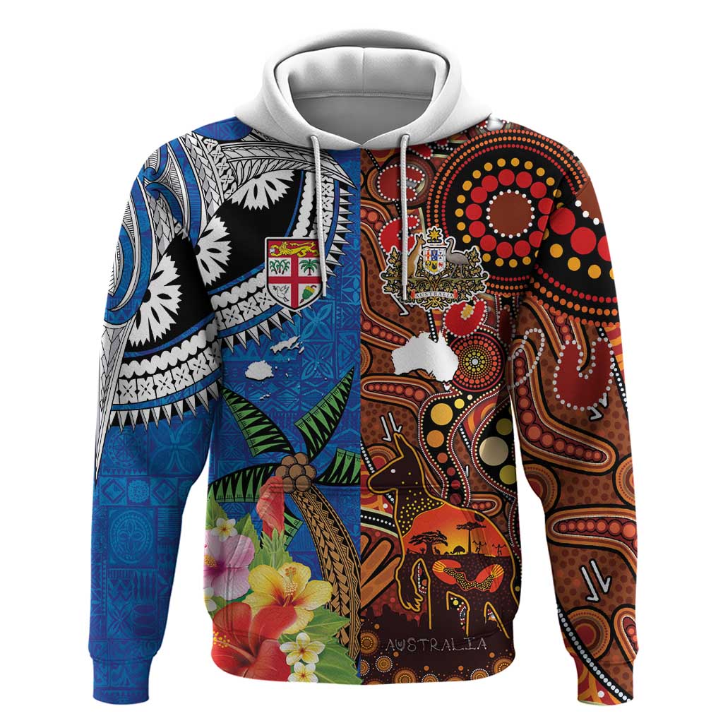 Fiji and Australia Together Zip Hoodie Fijian Tapa Plants with Kangaroo and Aboriginal - Polynesian Pride