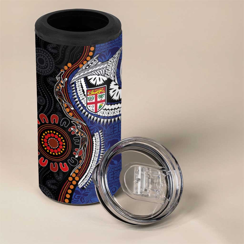 Fiji and Australia Together 4 in 1 Can Cooler Tumbler Kangaroo Aboriginal with Tribal Tapa Hibiscus Half Style LT03 - Polynesian Pride