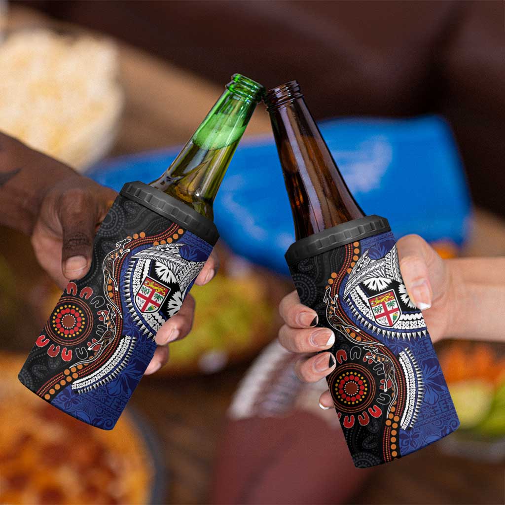 Fiji and Australia Together 4 in 1 Can Cooler Tumbler Kangaroo Aboriginal with Tribal Tapa Hibiscus Half Style LT03 - Polynesian Pride