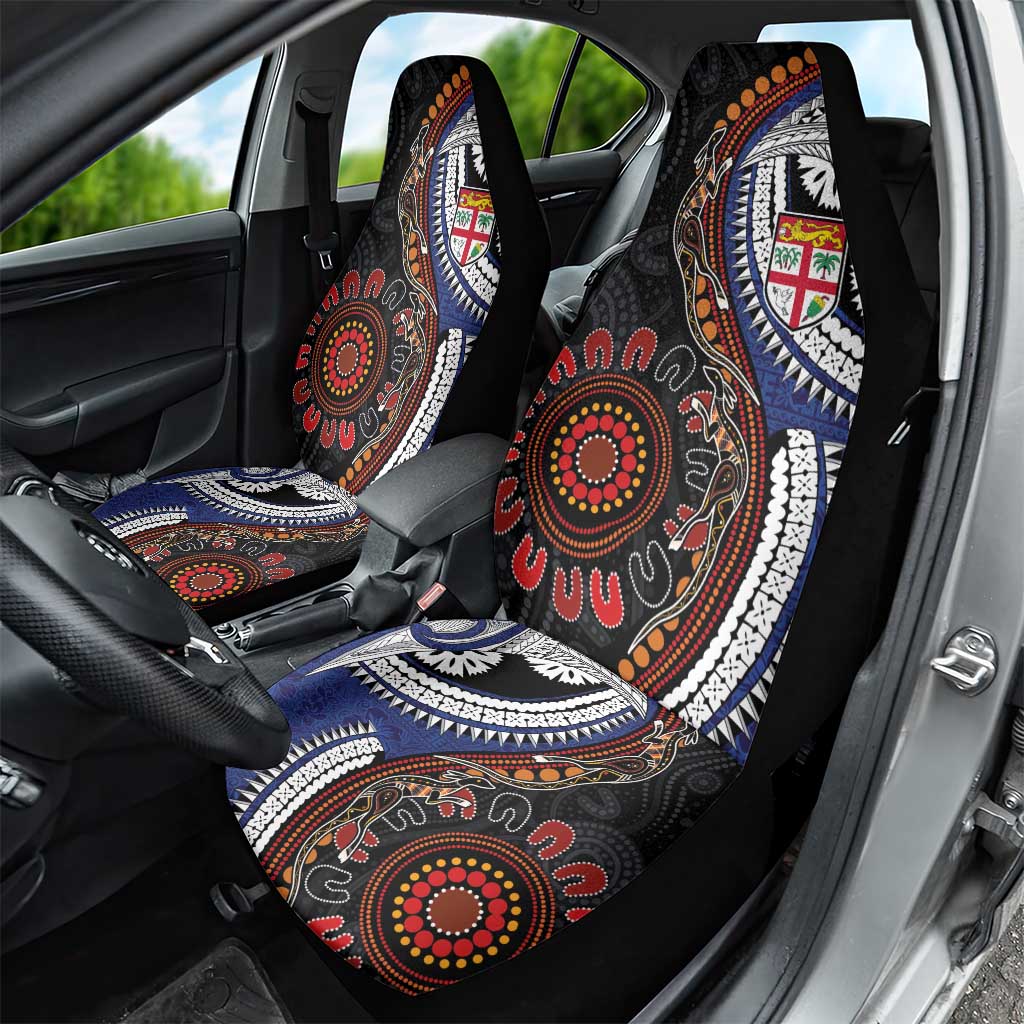 Fiji and Australia Together Car Seat Cover Kangaroo Aboriginal with Tribal Tapa Hibiscus Half Style - Polynesian Pride