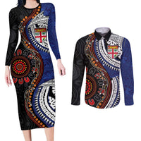 Fiji and Australia Together Couples Matching Long Sleeve Bodycon Dress and Long Sleeve Button Shirt Kangaroo Aboriginal with Tribal Tapa Hibiscus Half Style - Polynesian Pride