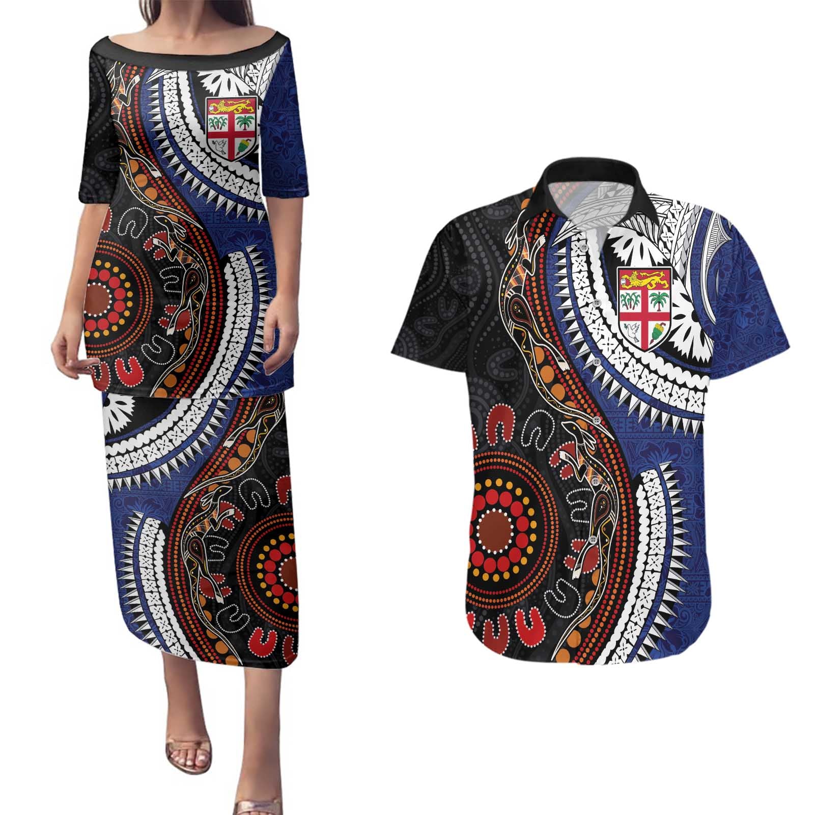 Fiji and Australia Together Couples Matching Puletasi and Hawaiian Shirt Kangaroo Aboriginal with Tribal Tapa Hibiscus Half Style - Polynesian Pride