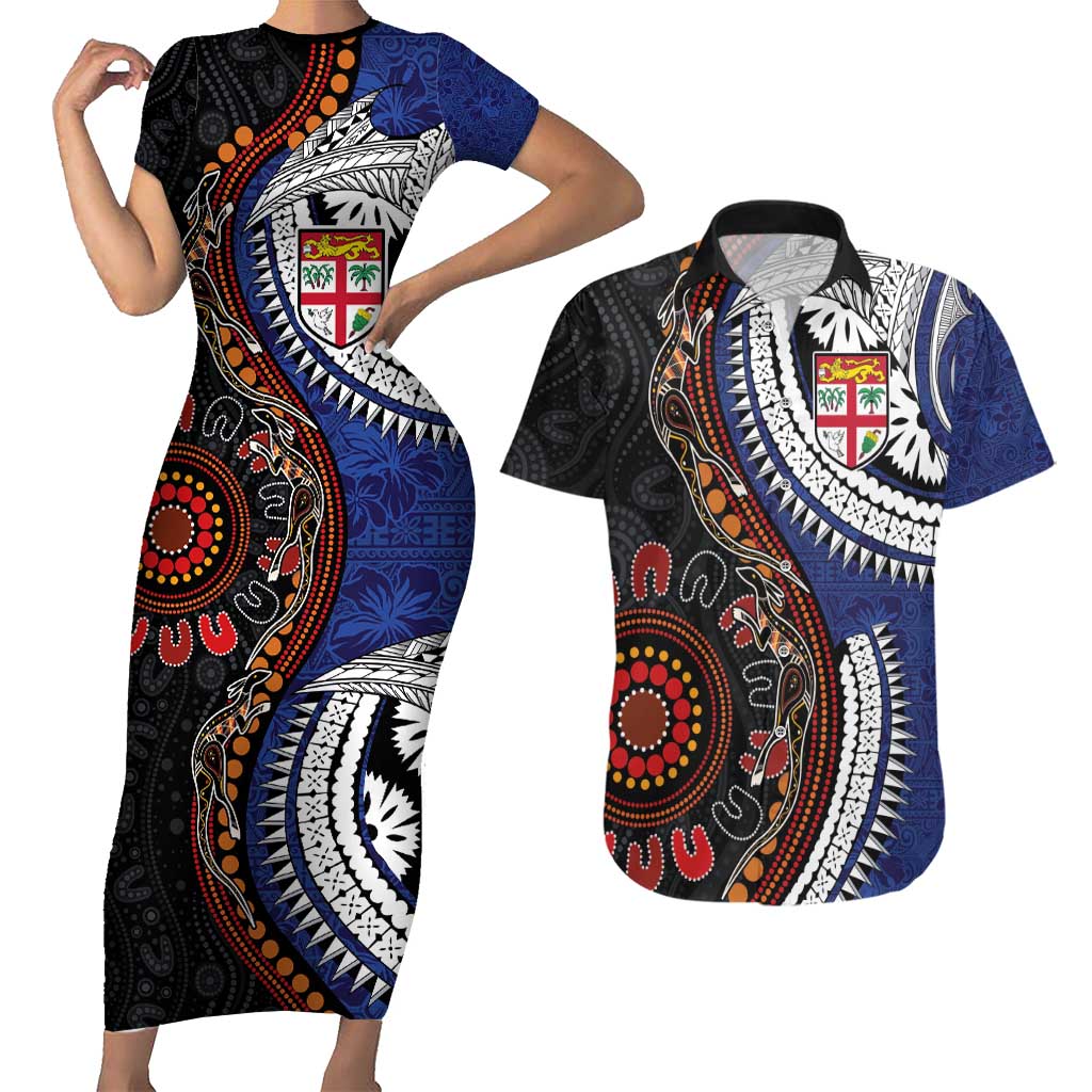 Fiji and Australia Together Couples Matching Short Sleeve Bodycon Dress and Hawaiian Shirt Kangaroo Aboriginal with Tribal Tapa Hibiscus Half Style - Polynesian Pride