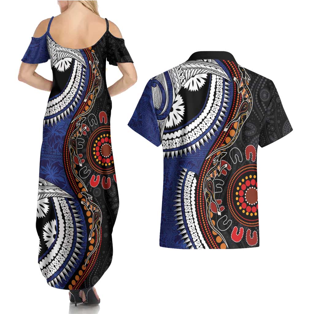Fiji and Australia Together Couples Matching Summer Maxi Dress and Hawaiian Shirt Kangaroo Aboriginal with Tribal Tapa Hibiscus Half Style - Polynesian Pride