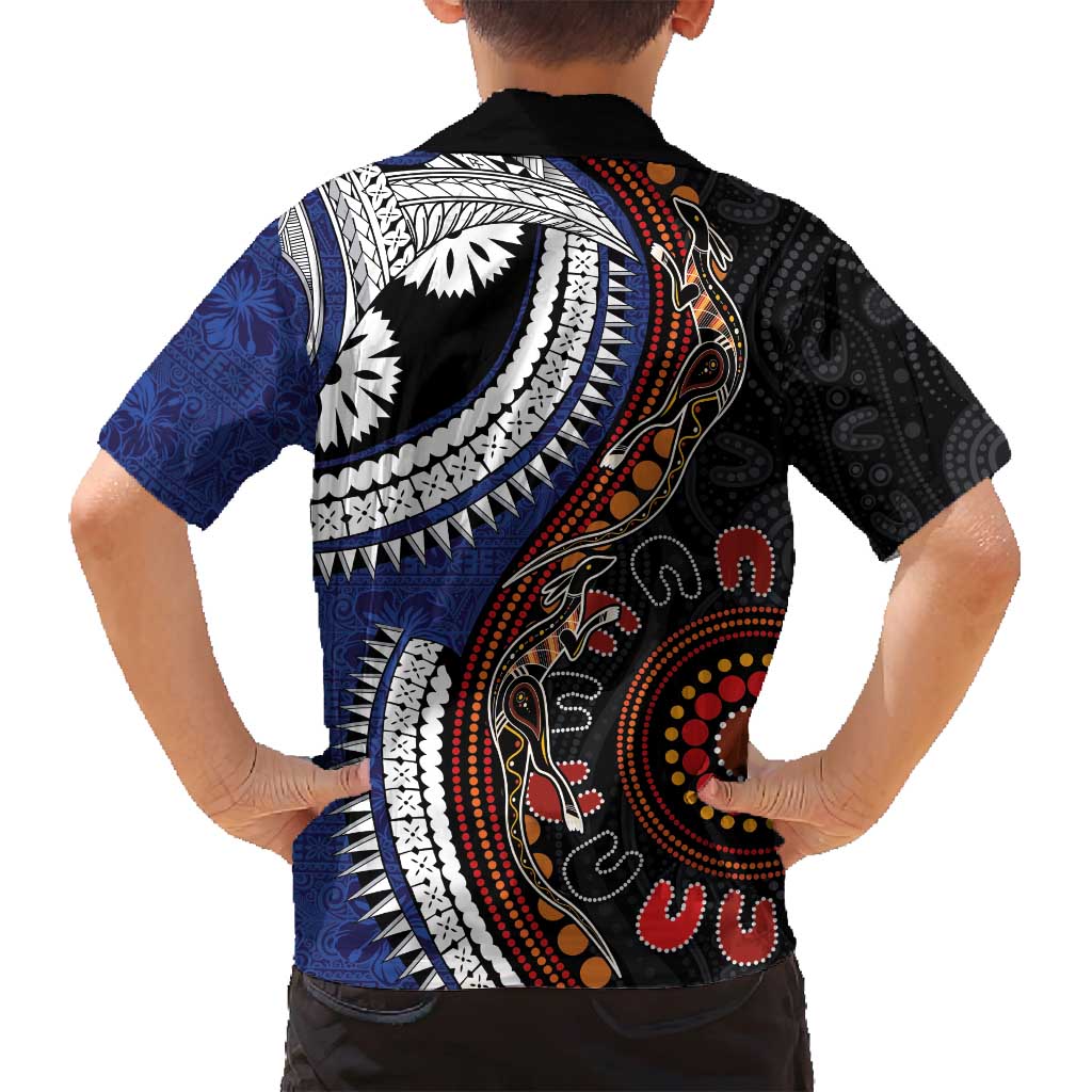 Fiji and Australia Together Family Matching Long Sleeve Bodycon Dress and Hawaiian Shirt Kangaroo Aboriginal with Tribal Tapa Hibiscus Half Style - Polynesian Pride