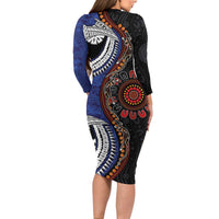 Fiji and Australia Together Family Matching Long Sleeve Bodycon Dress and Hawaiian Shirt Kangaroo Aboriginal with Tribal Tapa Hibiscus Half Style - Polynesian Pride
