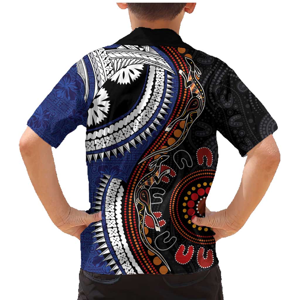 Fiji and Australia Together Family Matching Mermaid Dress and Hawaiian Shirt Kangaroo Aboriginal with Tribal Tapa Hibiscus Half Style - Polynesian Pride