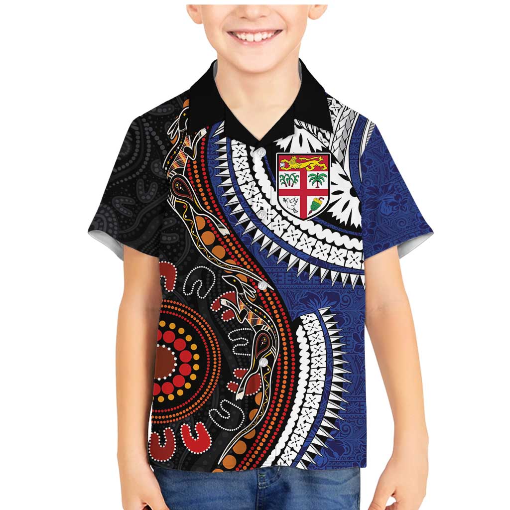 Fiji and Australia Together Family Matching Mermaid Dress and Hawaiian Shirt Kangaroo Aboriginal with Tribal Tapa Hibiscus Half Style - Polynesian Pride