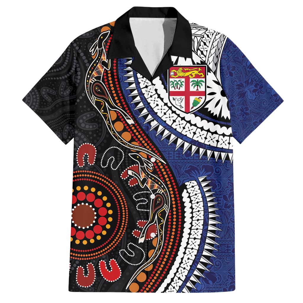 Fiji and Australia Together Family Matching Off Shoulder Maxi Dress and Hawaiian Shirt Kangaroo Aboriginal with Tribal Tapa Hibiscus Half Style - Polynesian Pride