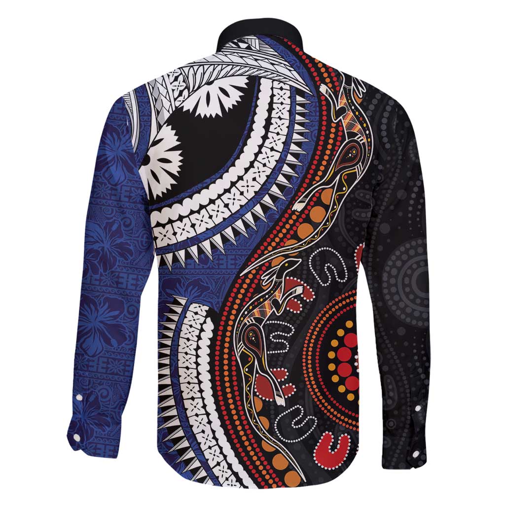 Fiji and Australia Together Family Matching Puletasi and Hawaiian Shirt Kangaroo Aboriginal with Tribal Tapa Hibiscus Half Style - Polynesian Pride