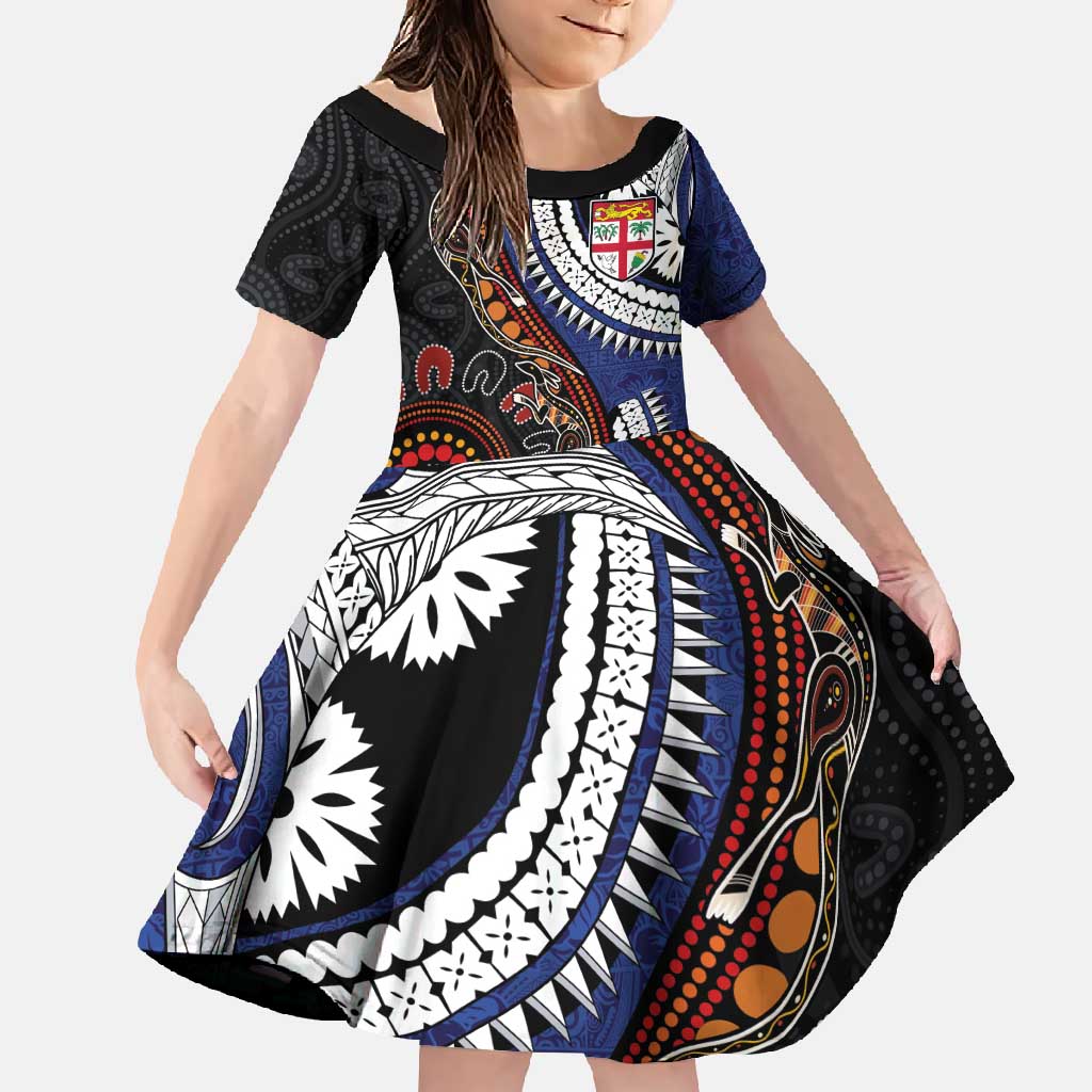 Fiji and Australia Together Family Matching Short Sleeve Bodycon Dress and Hawaiian Shirt Kangaroo Aboriginal with Tribal Tapa Hibiscus Half Style - Polynesian Pride