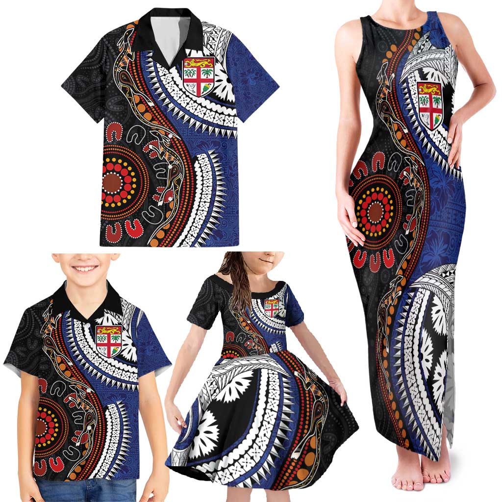 Fiji and Australia Together Family Matching Tank Maxi Dress and Hawaiian Shirt Kangaroo Aboriginal with Tribal Tapa Hibiscus Half Style - Polynesian Pride