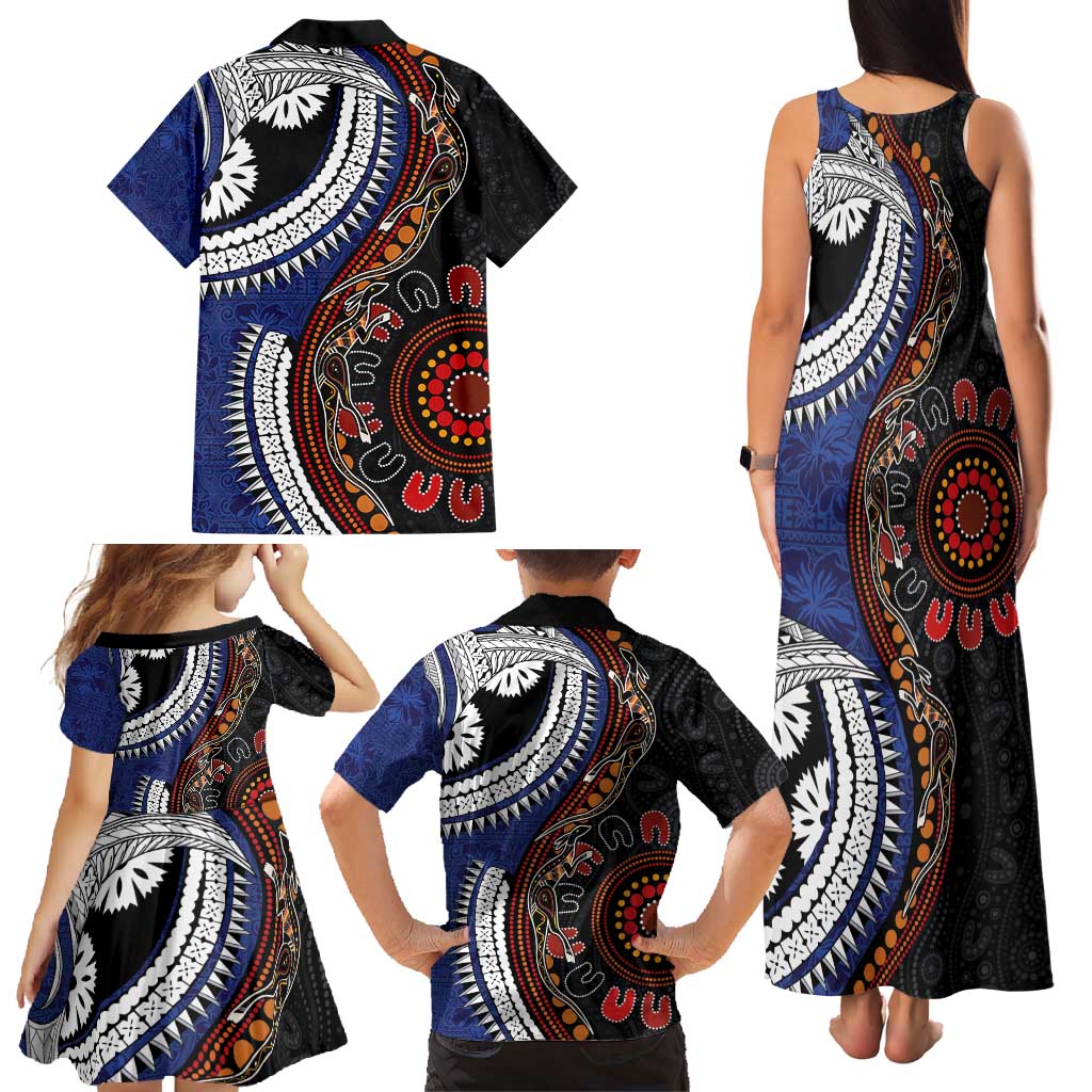 Fiji and Australia Together Family Matching Tank Maxi Dress and Hawaiian Shirt Kangaroo Aboriginal with Tribal Tapa Hibiscus Half Style - Polynesian Pride