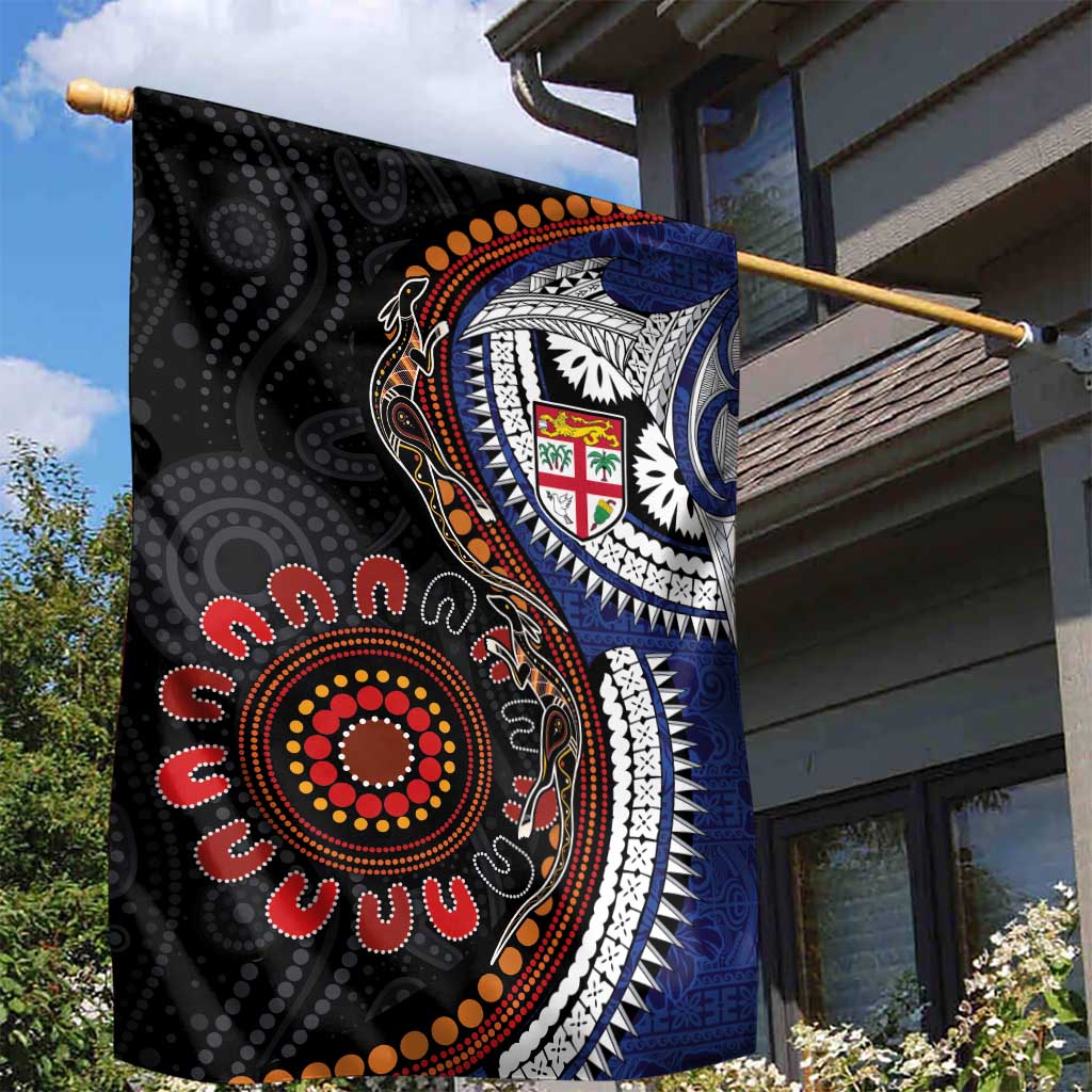 Fiji and Australia Together Garden Flag Kangaroo Aboriginal with Tribal Tapa Hibiscus Half Style - Polynesian Pride