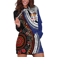 Fiji and Australia Together Hoodie Dress Kangaroo Aboriginal with Tribal Tapa Hibiscus Half Style LT03 Black - Polynesian Pride
