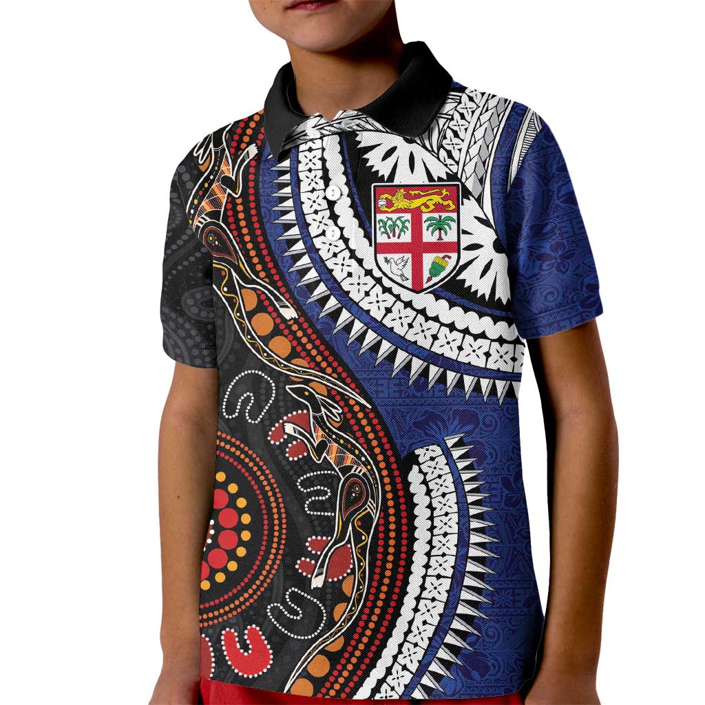 Fiji and Australia Together Kid Polo Shirt Kangaroo Aboriginal with Tribal Tapa Hibiscus Half Style - Polynesian Pride